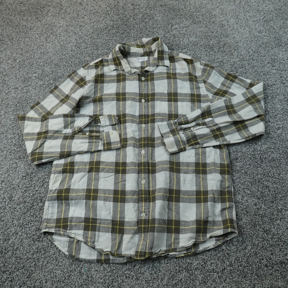 Gap Shirt Mens L Gray Olive Yellow Plaid Linen Button Up Long Sleeve Chambray